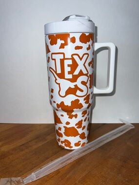 Mary Square Texas  Orange and White Travel Tumbler with Handle